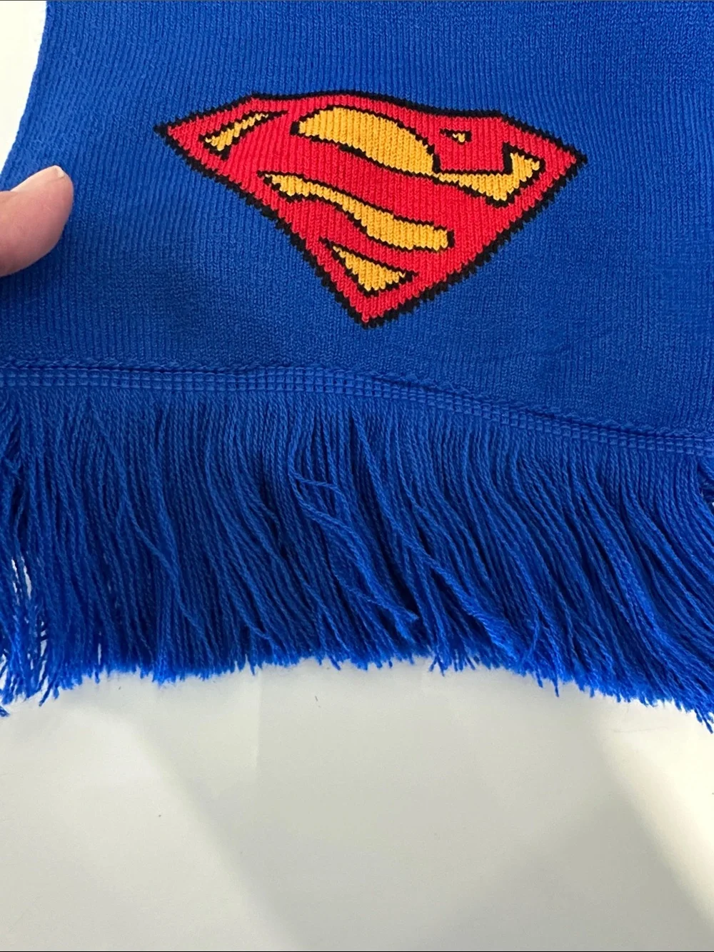 Warner Bros. Blue Superman Knit Scarf with Red & Yellow Shield. NWT.
